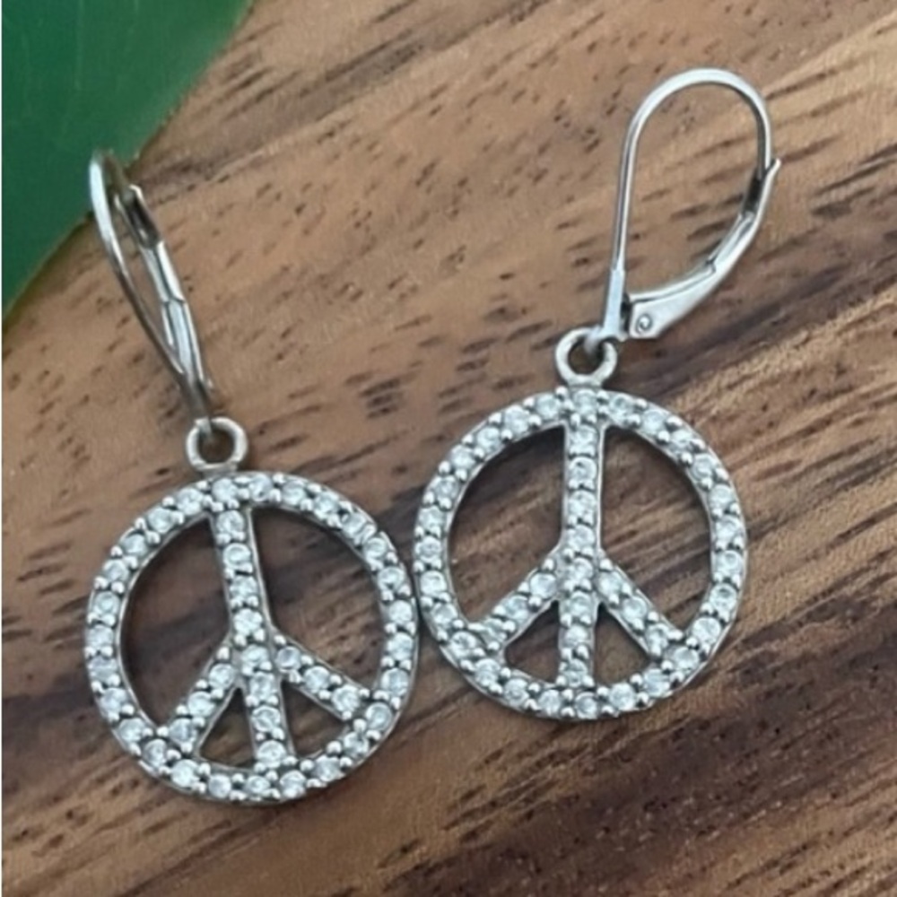 Silver Hippie Boho rhinestone bedazzled Peace Sign Dangle Earrings - Picture 9 of 9